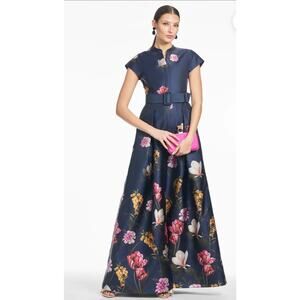 $1000 Sachin & Babi Black Marta Belted Floral Mikado Maxi Gown Dress Size 6